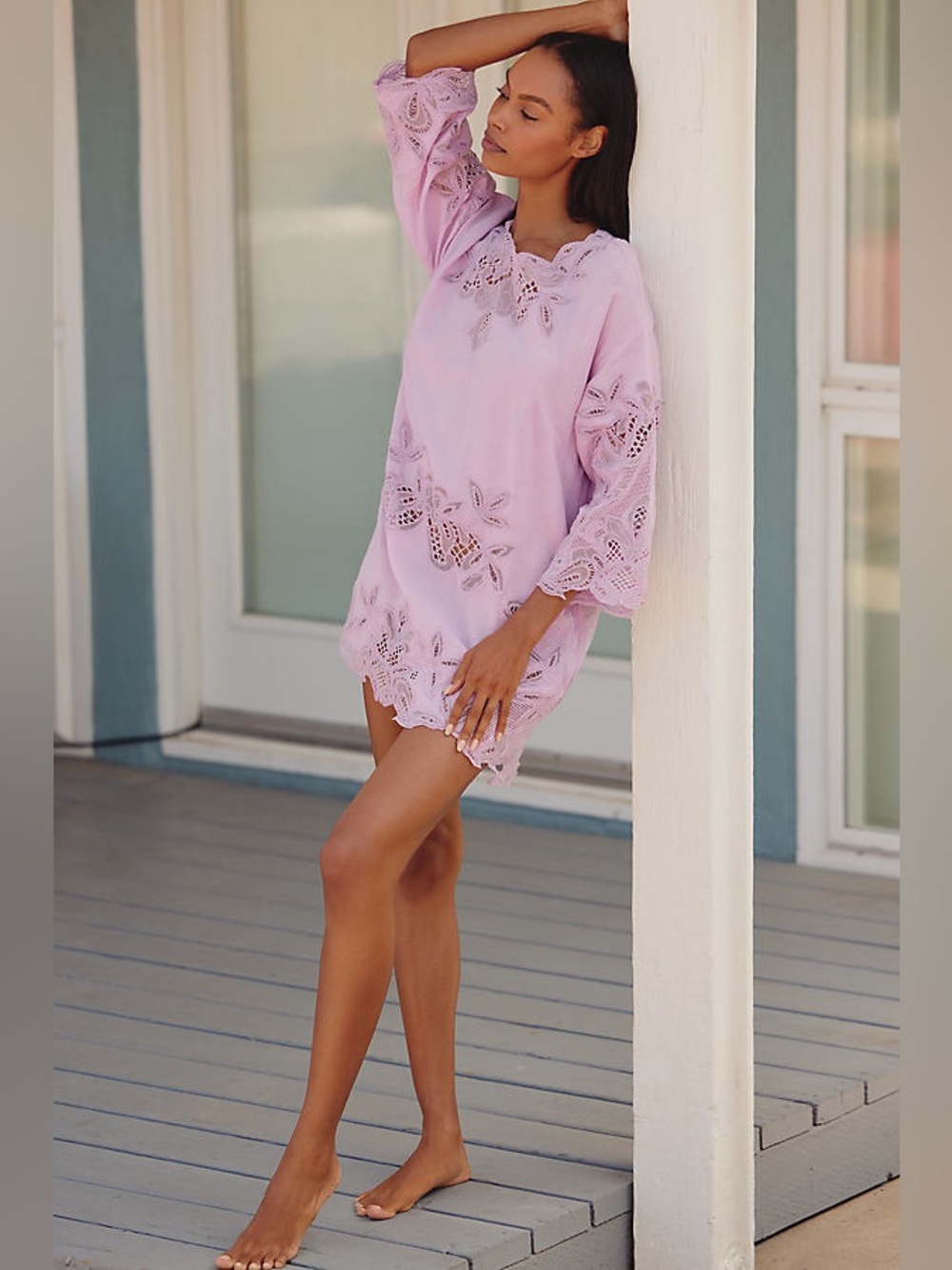 Celandine | Anthropologie Linen-Blend Lace Mini T-Shirt Dress in Lilac Sky NWT